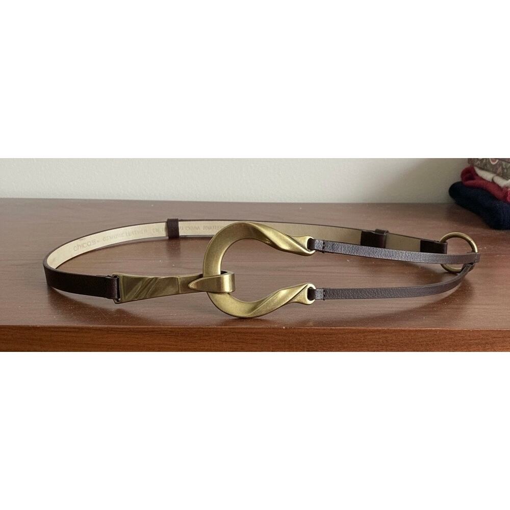 Vntg Chicos Adjustable Skinny Brown Leather Gold Hook Belt Sizes S-M RN #79984 - Picture 2 of 5